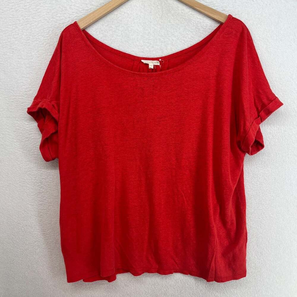 EILEEN FISHER Top L Slub Linen Jersey Cuff Dolman Sleeve Pleated Back Punch Red